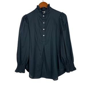Tuckernuck Teagan Popover Shirt Blouse Black Cotton Ruffle Neck Women's L